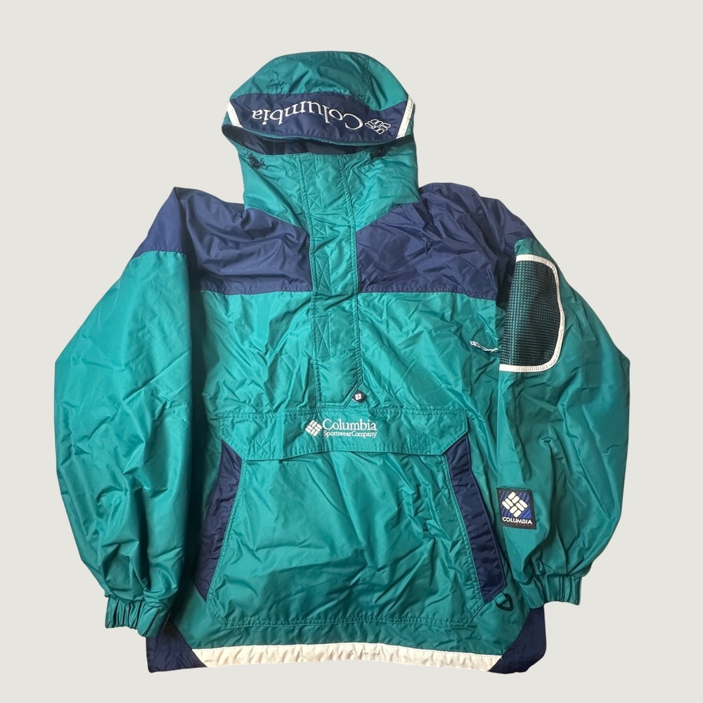 VTG Columbia Anorak Jacket Mens L MM 5170 Teal Navy Colorblock Hooded Pullover